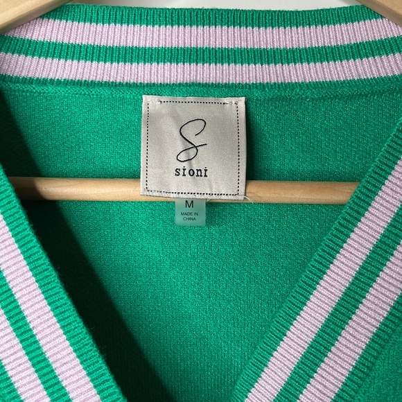 Sioni Kerry Varsity Style Cardigan with Detail Stripes in Green & Blush Pink - Picture 5 of 7